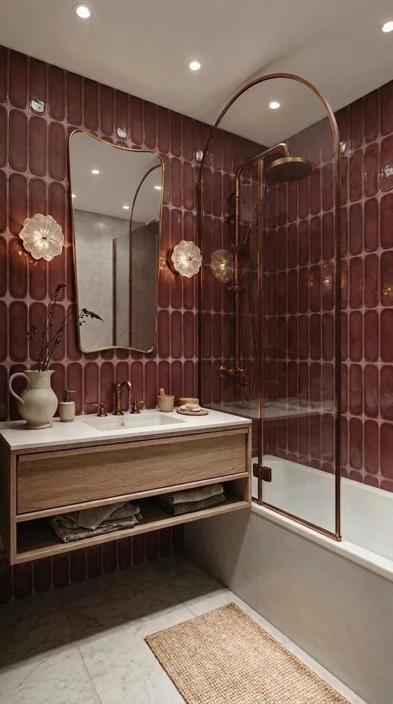 Same bathroom restyled with burgundy tiles