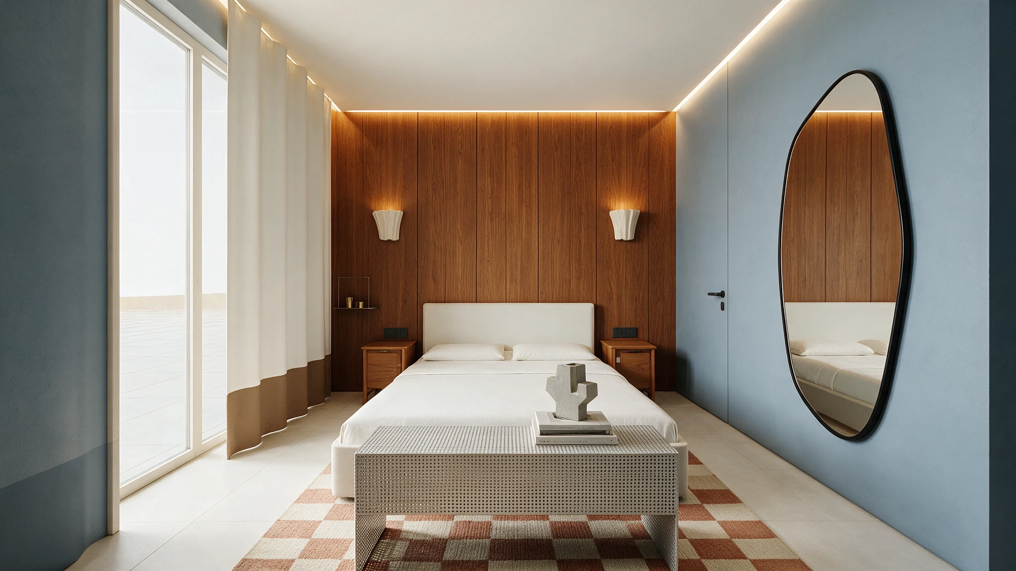 Bedroom interior rendered by Revizo: walnut wall panelling, white bed, checkered rug