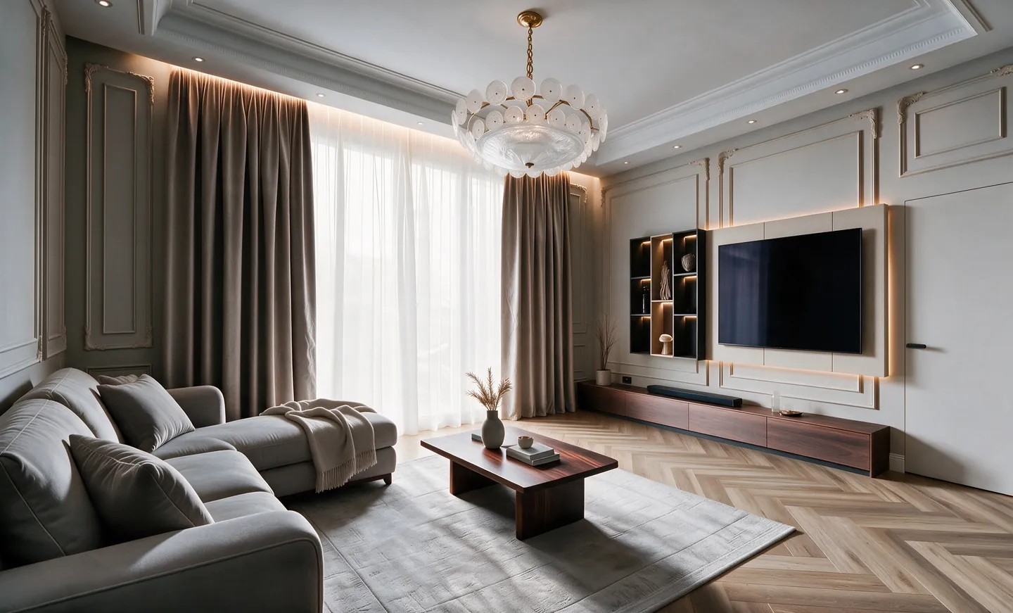 Living room interior rendered by Revizo: grey sofa, herringbone floor, glass chandelier